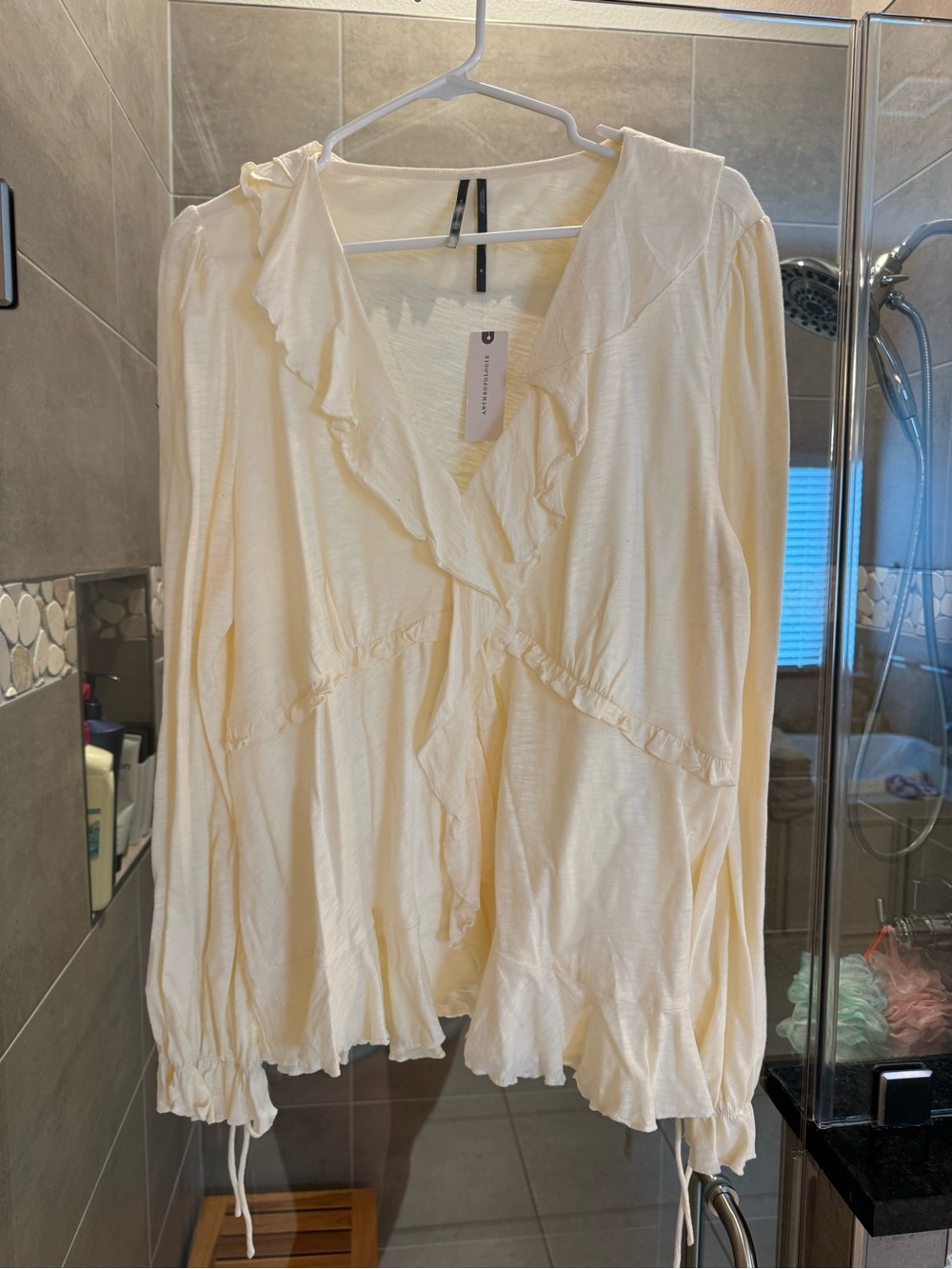 Anthropologie Cream Ruffle-Trim V-Neck Blouse